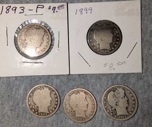 Lotto di 5 quarti da barbiere -1893-1912 - 90% argento