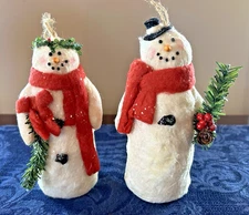 Primitive Look Spun Cotton Snowman Snowman & Snowwoman Christmas Ornaments 6.5"
