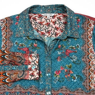 John Mark Tunic Small Mixed Floral Art Print Roll-Tab Sleeve Blouse Patchwork