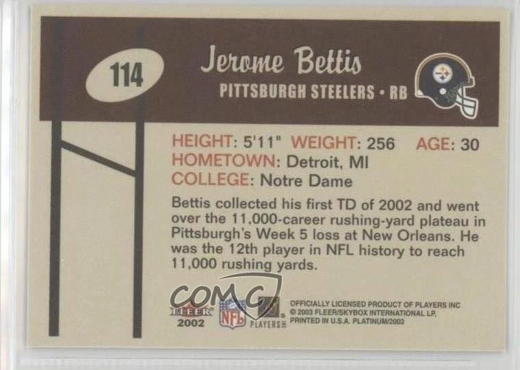 2002 Fleer Platinum Jerome Bettis #114 HOF - Image 2 of 2