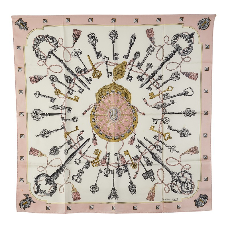 HERMES Les Cles 90 Silk Scarf Pink Multicolor Rare Key Design