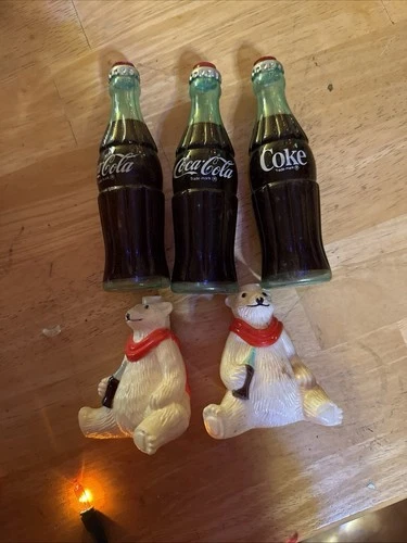 5 VTG STRING LIGHT BLOW MOLD PLASTIC BULB COVERS COCA-COLA BOTTLES & BEARS COKE