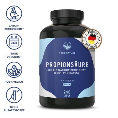 Propionsäure (Natriumpropionat) - 240 Kapseln (500mg) - Vegan - TRUE NATURE 