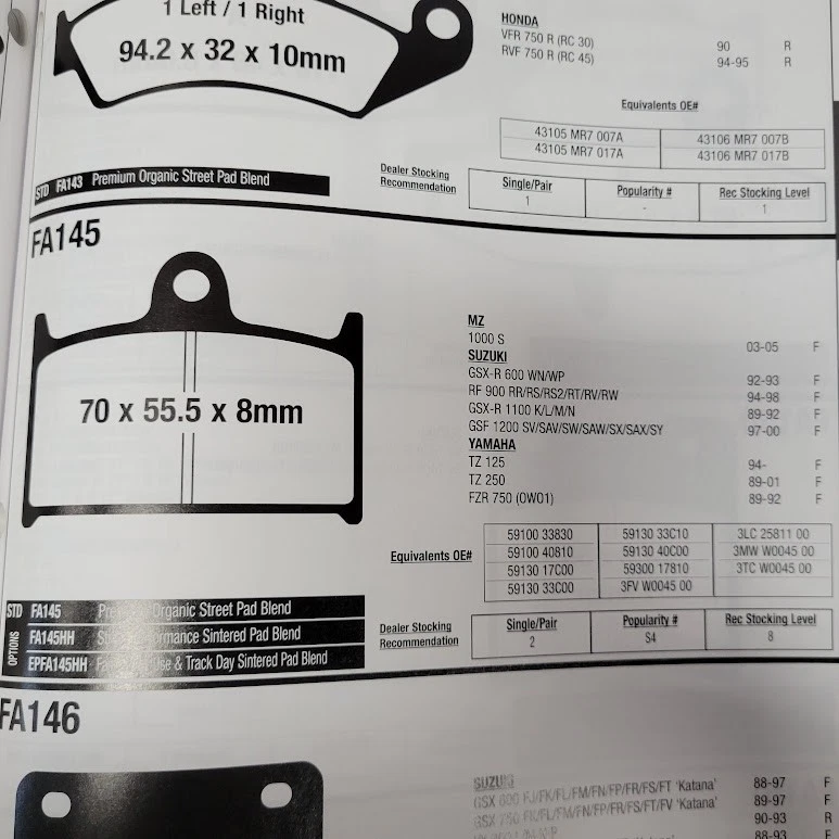 НОВЫЕ ТОРМОЗНЫЕ КОЛОДКИ EBC FA145 MZ 1000S 92-93 GSXR600 89-92 GSXR1100 FZR750 + БОЛЬШЕ - Изображение 3 из 3