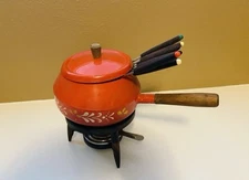 Vintage Orange Metal Fondue Set Mid Century Modern Retro Boho Mod