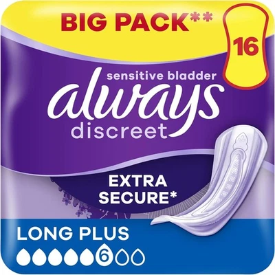 Always Discreet Incontinence Pads, Long Odour Neutraliser 16 Pads BIGGER PACK