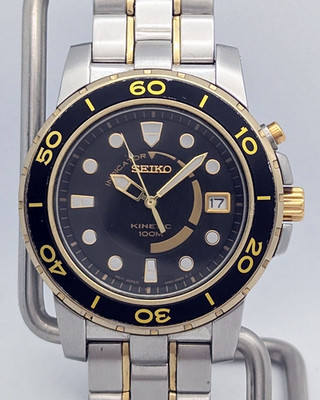 Seiko Kinetic SKA382 5M62 Black Gold Lrg Wrist 100M | New Capacitor Crystal Box