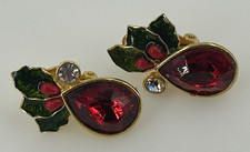 Vintage AVON Holly Rhinestone Christmas Earrings