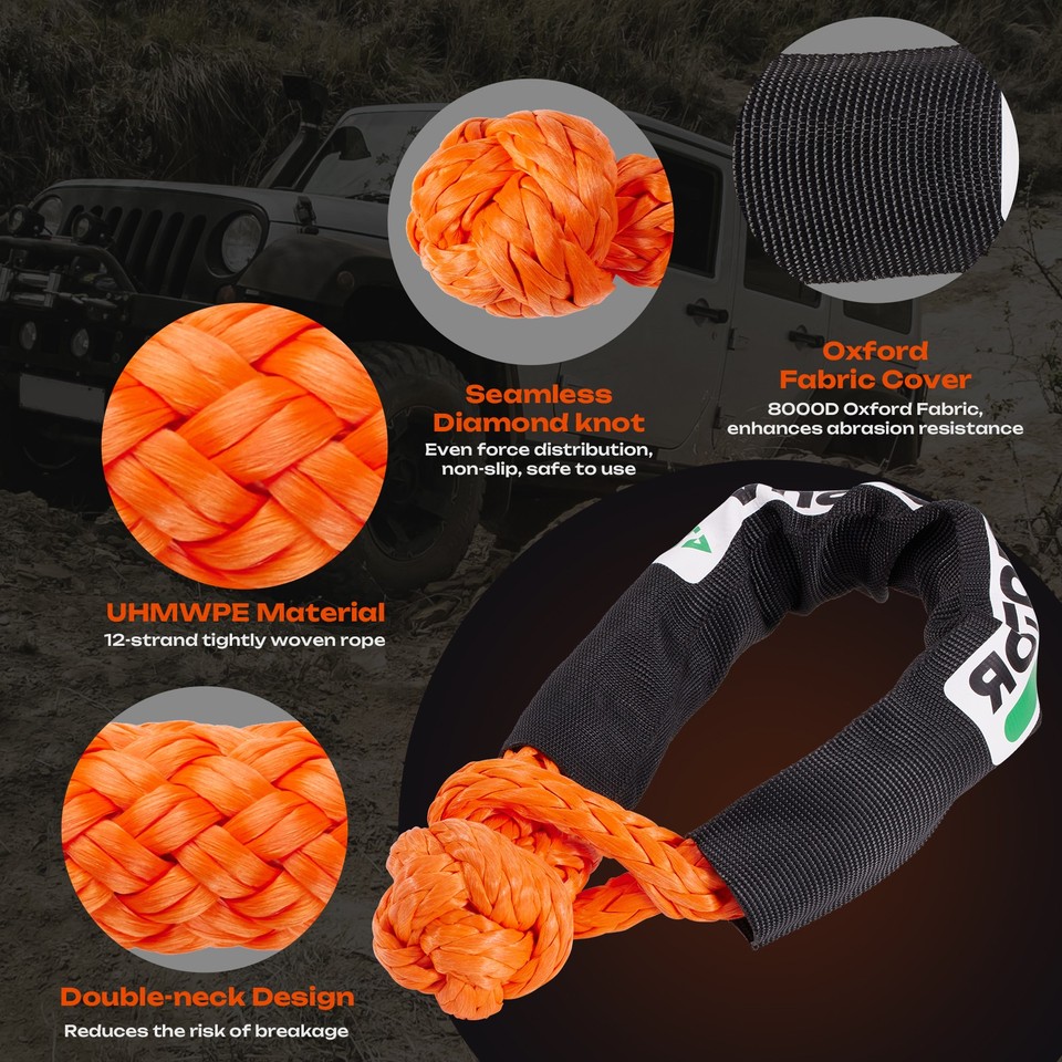 Pulsecar Kinetic Recovery Tow Rope - 1" X 30ft, 48,600 Lbs Capacity With 2 Soft Shackles | Heavy Duty Snatch Strap For Offroad Trucks, Jeeps & ATVs