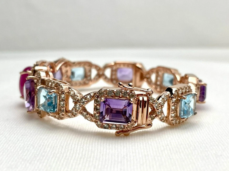 Pink Ruby, Amethyst, Blue Topaz, Bowtie Rose Gold Plated Sterling Silver Bangle - Image 4 of 4