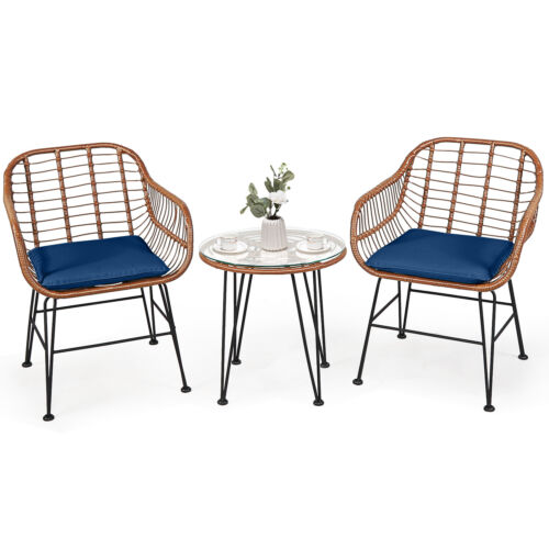Patiojoy 3PCS Patio Rattan Bistro Set Coffee Table Armchair Garden Navy Cushion