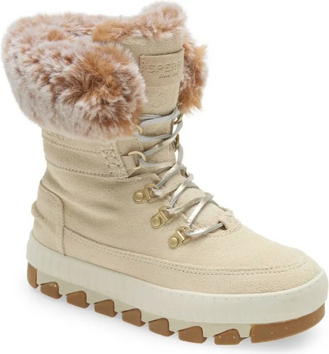 NEW Sperry Womens Torrent Faux Fur Lace-Up Waterproof Suede Boot US 8/39 Ivory - Picture 1 of 12