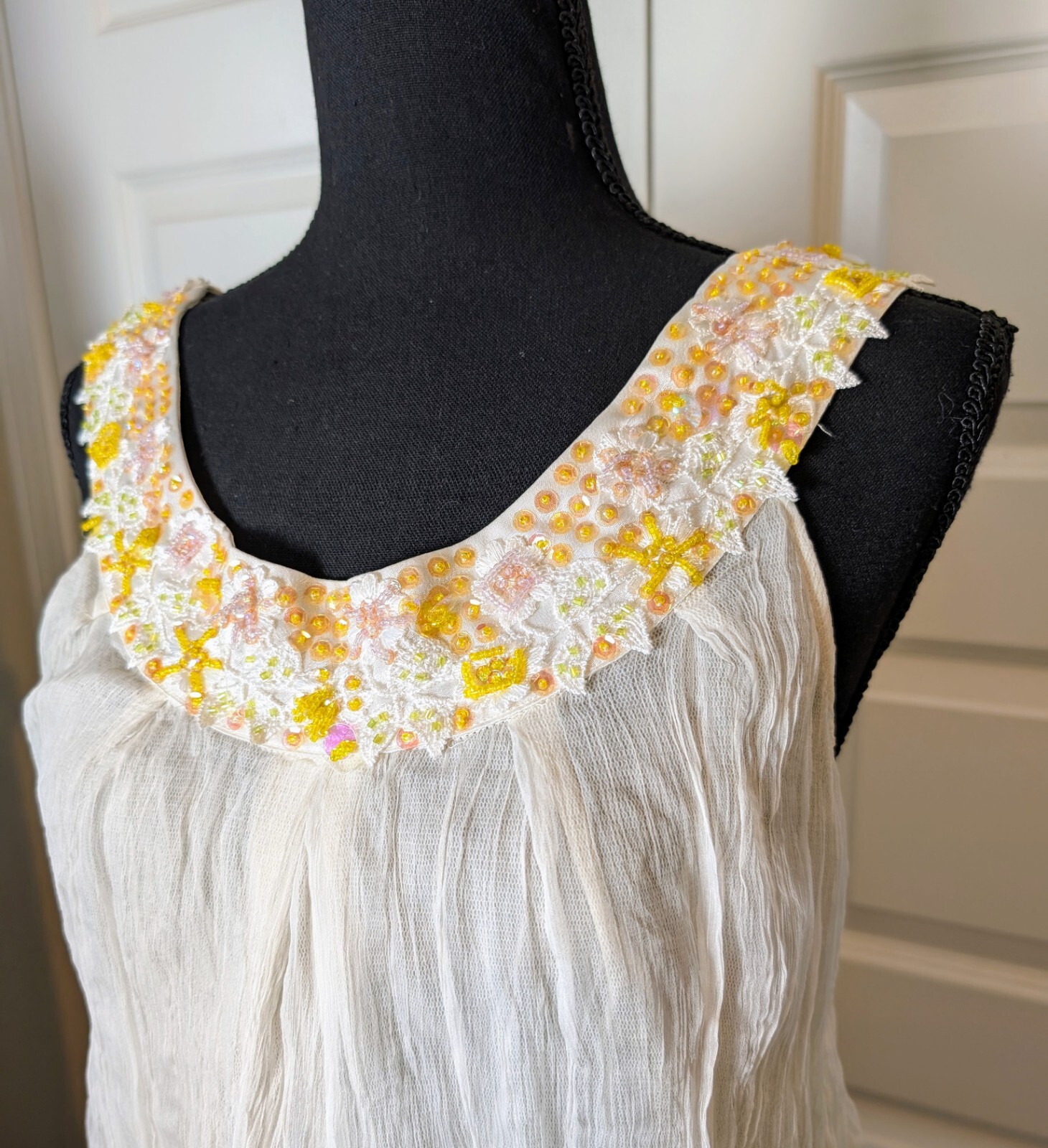Anthropologie Hazel Embellished Gauzy Silk Blouse Size M Cream Boho Chic