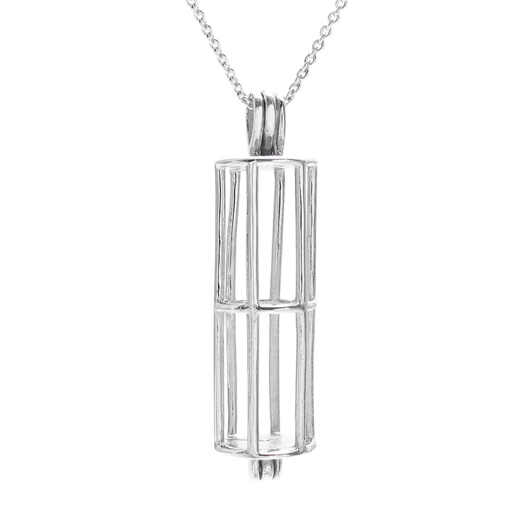 925 Sterling Silver Cylinder Freshwater Pearl Cage Pendant
