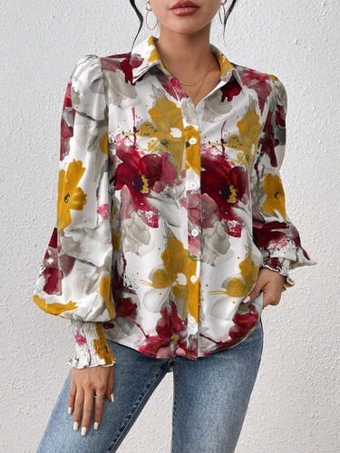 Women Autumn Floral Loose Shirts Long Puffs Sleeve Button Up Blouse Top TEE Size - Picture 4 of 21