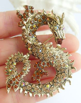 Ziraluxe Chinese Dragon Brooch Pin Pendant Brown Rhinestone