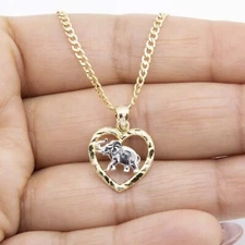 3/4" Elephant in Heart Pendant Necklace Real 10K Yellow White Gold
