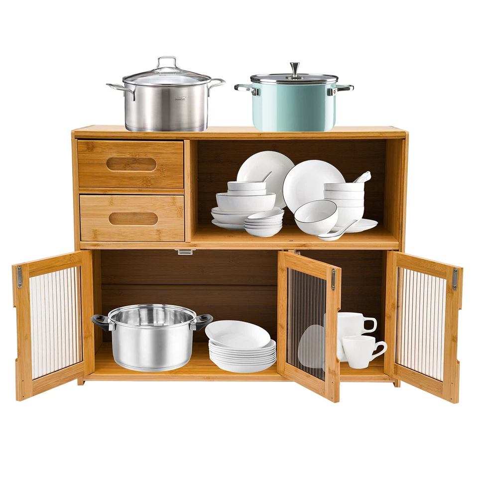 Bamboo Kitchen Countertop Cabinet Pantry Sideboard W/ Clear Striped Glass Doors - Image 3 of 4