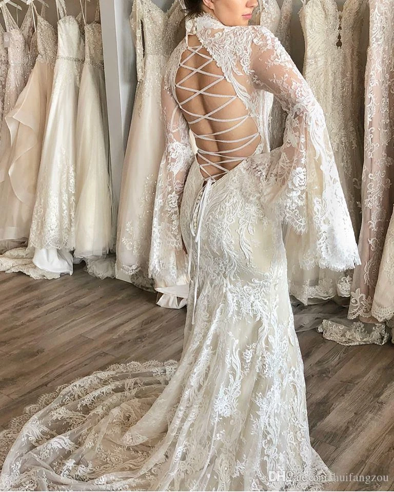 Sexy Vestidos de Novia Sirena Mangas Largas Dividido Cuello Alto Encaje Espalda Vestidos de Novia Foto 3 de 4