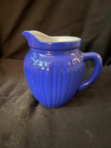 Vintage Hazel Atlas Ribbed Creamer Pitcher Moderntone Platonite Blue Milk Glass