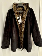 Brand New  Dennis Basso Faux Fur Coat Animal Print leopard Lined Black. S/M NWT*
