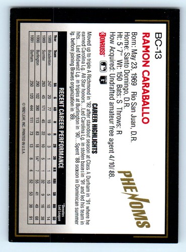 1992 Donruss The Rookies #BC-13 Ramon Caraballo Phenoms Atlanta Braves - Picture 2 of 2
