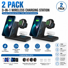 2 Pack 3-in-1 Wireless Charging Station 15W Fast Charger Stand for iPhone