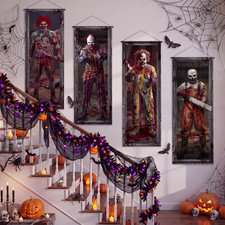 4 Pcs Halloween Clown Porch Banners, Scary Hanging Decor
