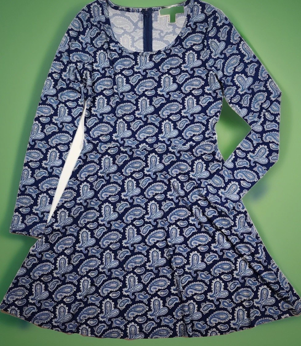 Abito Michael Kors taglia 1X blu maglia paisley manica lunga scollo corto scoop