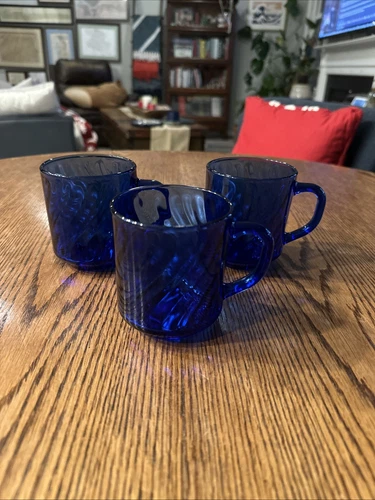 Arcoroc France Swirl Cobalt Blue Glass Coffee Cup 12 Oz Vintage Set Of 3