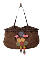 Per Una Boho Crochet Detail Shoulder Bag Brown Tweed Pom Pom Festival Style