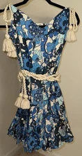 Rhode Blue Floral Print A-Line Tassel Tie Sleeveless Mini Dress Size M trendy