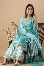 Indian Women Girls Blue bandej Straight Kurta Trousers With Dupatta set