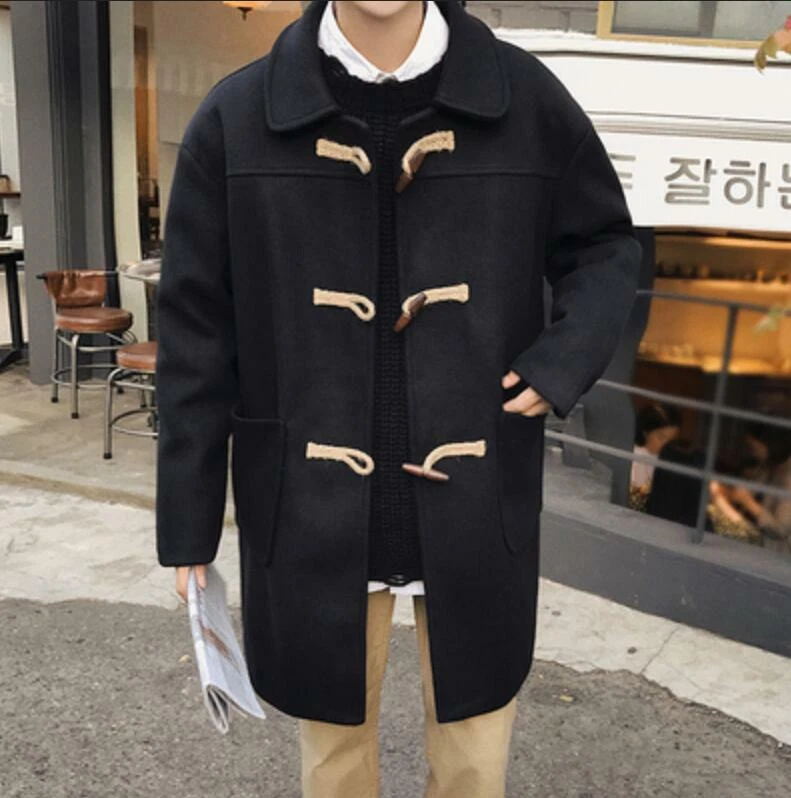 Mens Coat Duffel Horn Button Mid Long Casual Trench Jacket Peacoats Punk  M-3XL | eBay