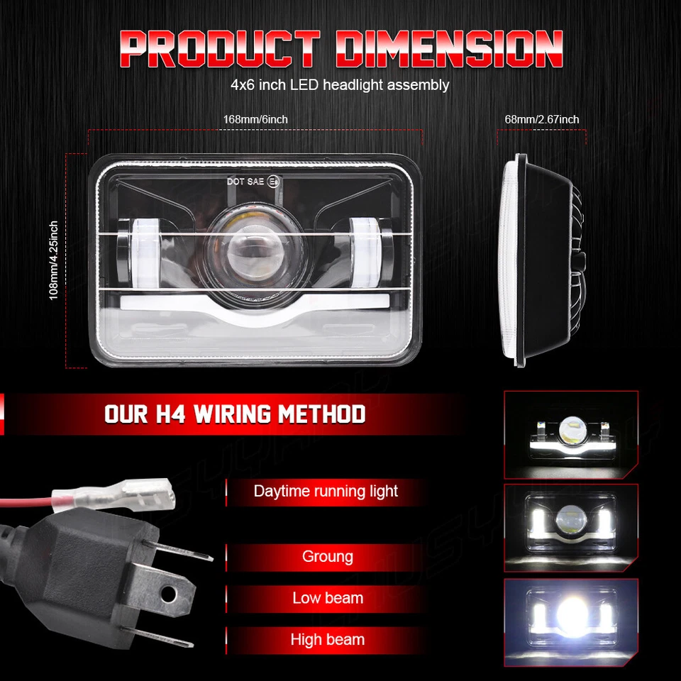 4pcs Chrome 4x6" Led Headlights High/Low Beam for Kenworth T600A T800 W900 - Image 3 of 4