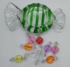 Decorative Handmade Beaded Glass "Candy" w/ Green  Clear Candy Shaped Dish