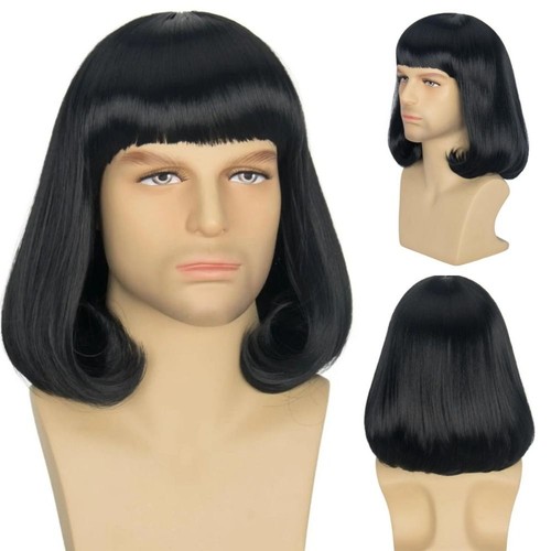 Synthetic Hair Men Unisex Black Short Bob Wig With Full Bangs Halloween Costume - Picture 5 of 10