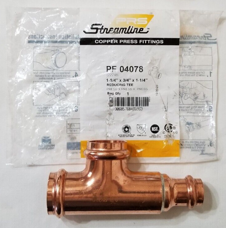 StreamLine Copper Press Fitting Reducing Tee 1-1/4 x 3/4 x 1-1/4 PF04078