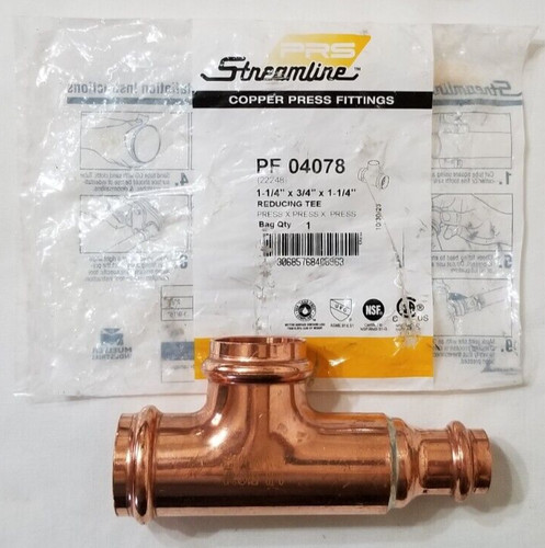 StreamLine Copper Press Fitting Reducing Tee 1-1/4 x 3/4 x 1-1/4 PF04078