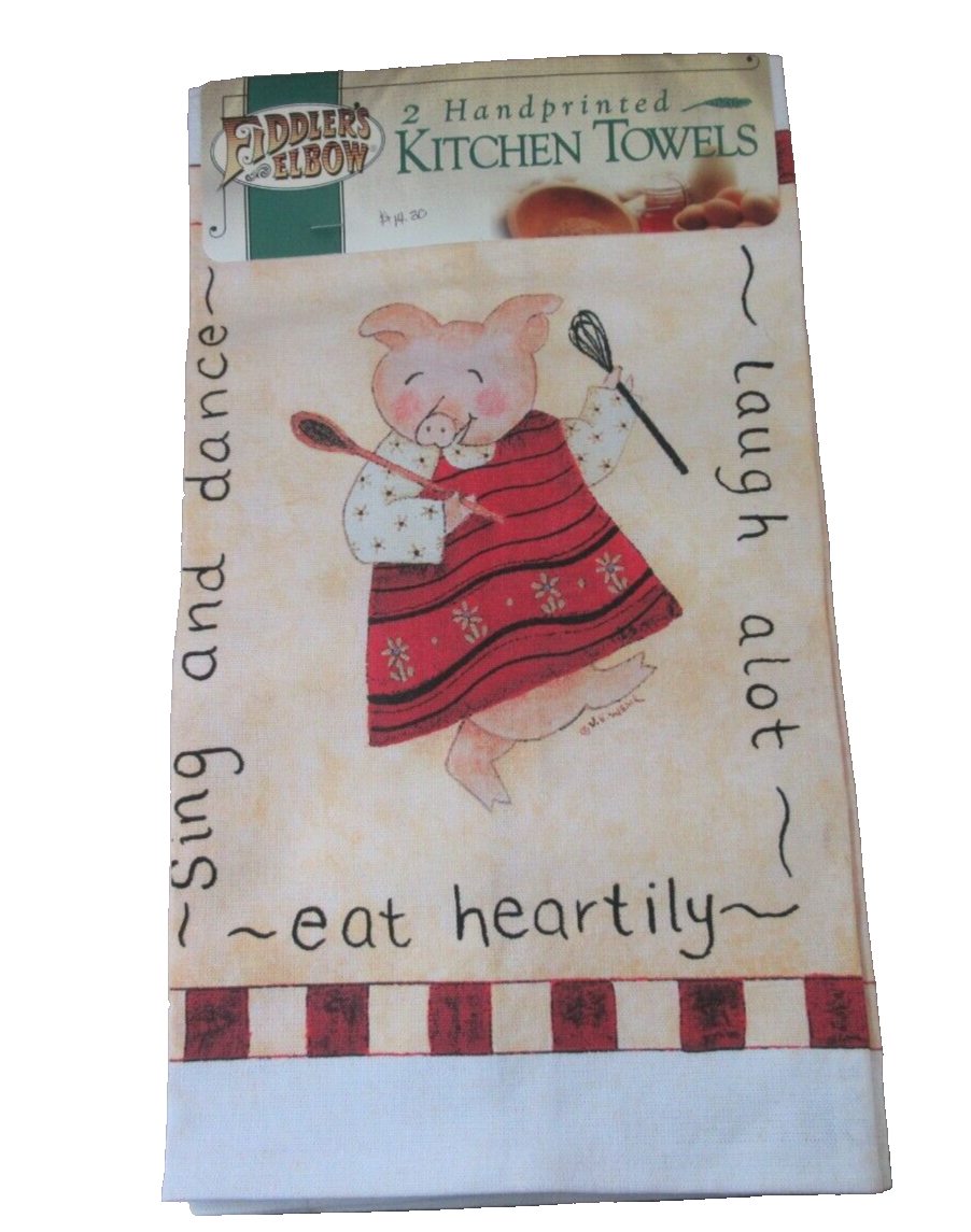 2 Fiddlers Elbow Handprinted Kitchen Towels Boy & Girl Pigs Cooking 100