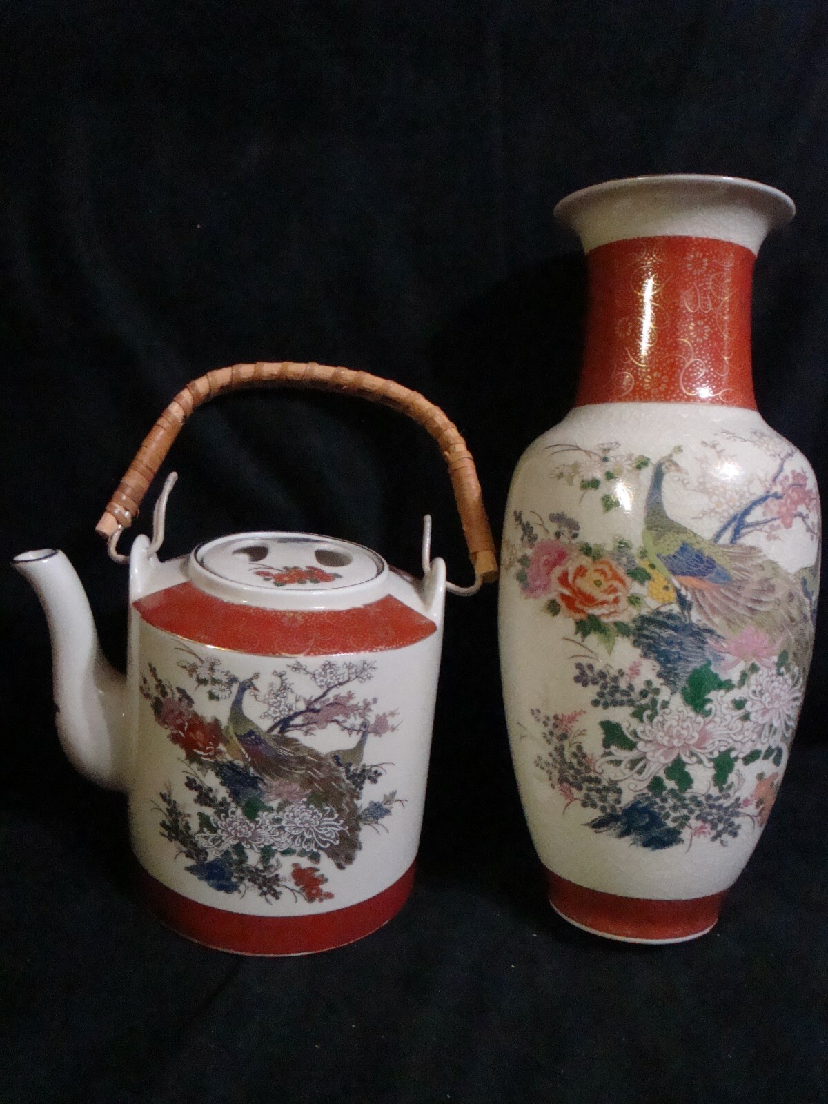 Vintage Satsuma HERITAGE MINT Peacock Vase & Teapot w bamboo wrapped