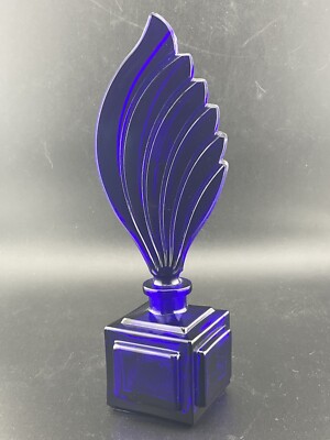 Vintage Czech Art Deco Flame /feather top cobalt blue perfume bottle 053113
