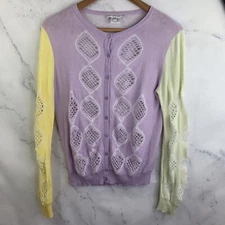 Carven Cardigan sweater sz L Button up crochet mesh lavender cashmere blend