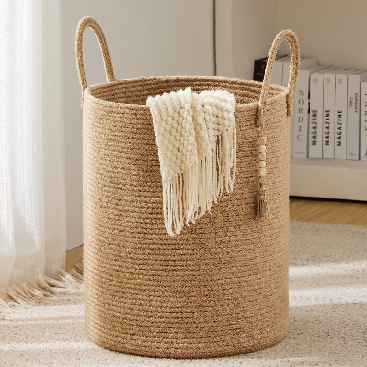【最安値‼️】ROUND TRIP BASKET Jute Rope Laundry Hamper Basket 58l Tall Woven Collapsible Baskets