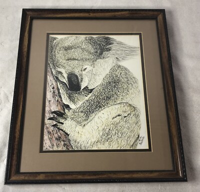 Cute Koala Bear Sketch Drawing Colored Signed Watson Framed Original Artwork