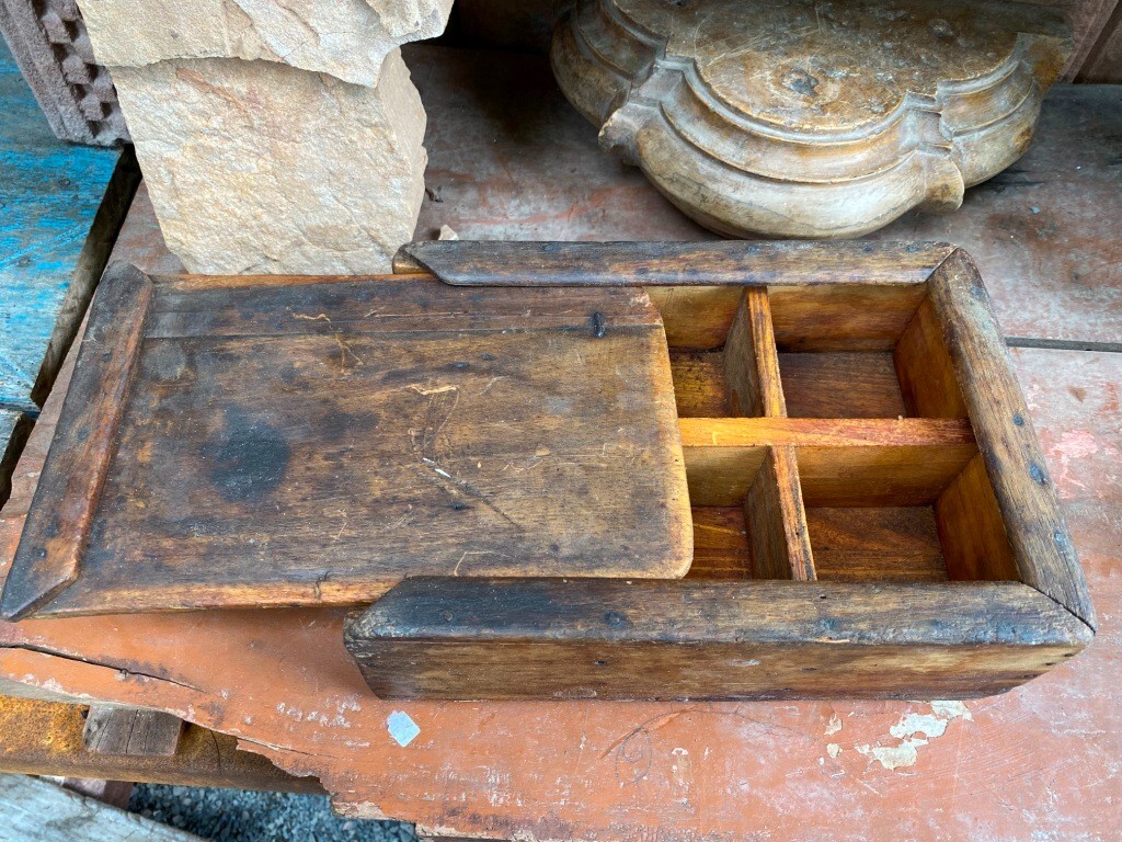 Ancient Old Wooden Gold Hand Crafted Indian Kitchen Spices Box