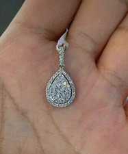 Delicated 1.50Ct Round Cut Diamond Pear Halo Shape Pendant 14k White Gold Finish