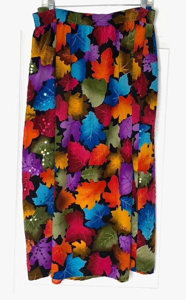 Falda midi plisada seda lentejuelas estampado motivo hoja DIANE GILMAN 3X 22W 24W VINTAGE Foto 2 de 4