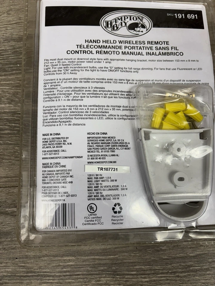 Hampton Bay Ceiling Fan Handheld Wireless Remote Control 191-691 NEW Sealed - Image 4 of 4