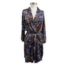 Vintage Satin Paisley Robe Nightgown Long Sleeve Lounge Wear Size M